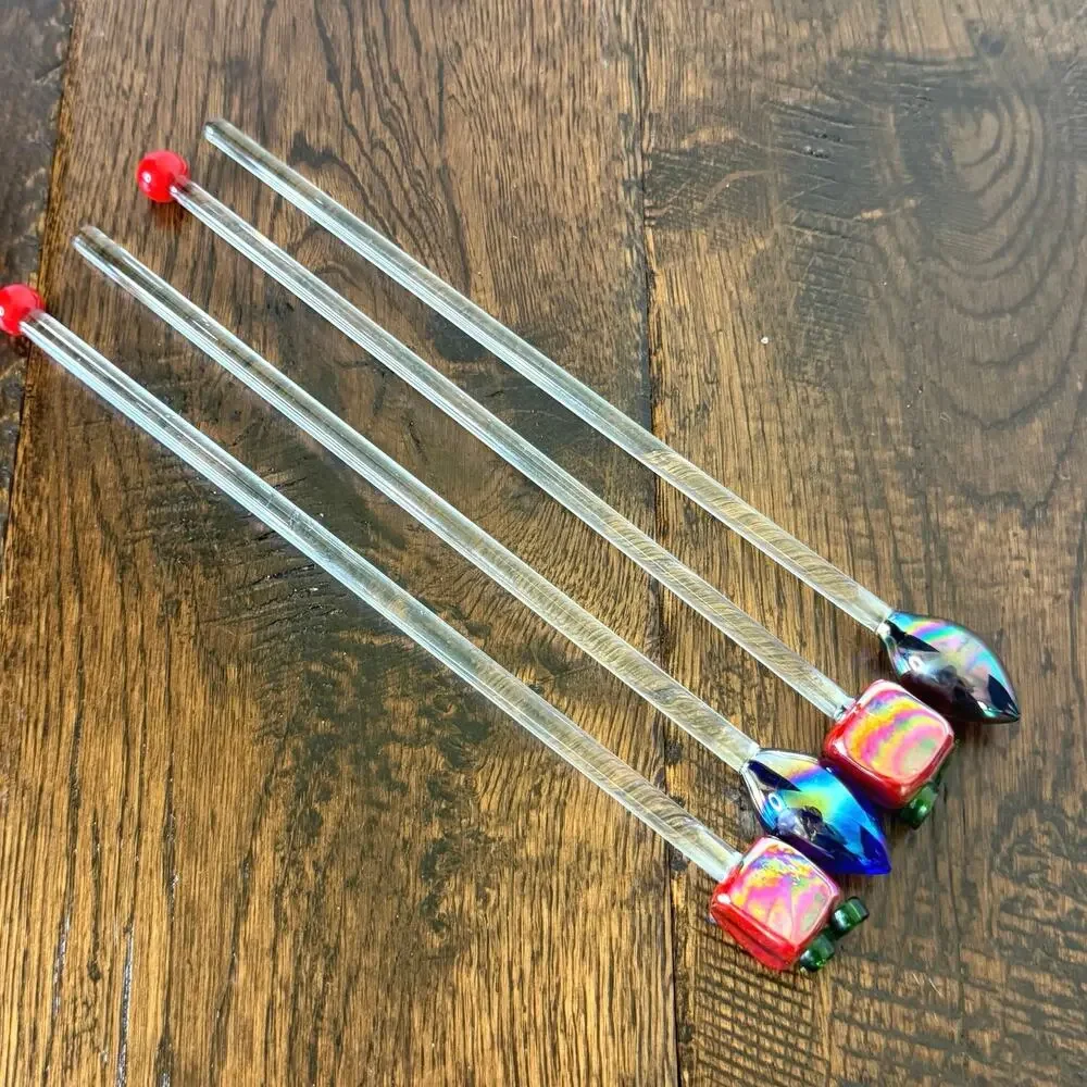 Vintage Set of 4 Glass Christmas Swizzle Sticks – Present & Light Bulb Stirrers